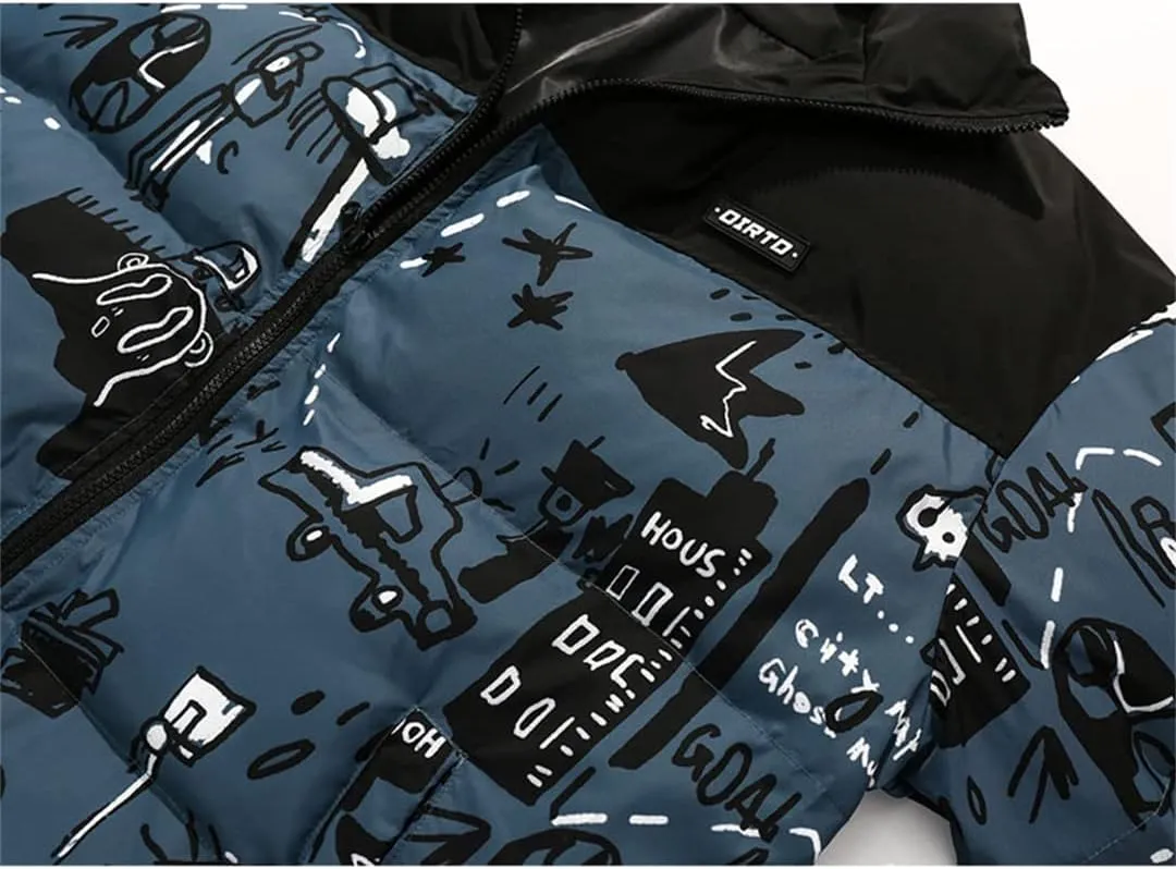 Mens Oversized Cotton Padded Parkas Streetwear Harajuku Graffiti Printed Zipper Coats