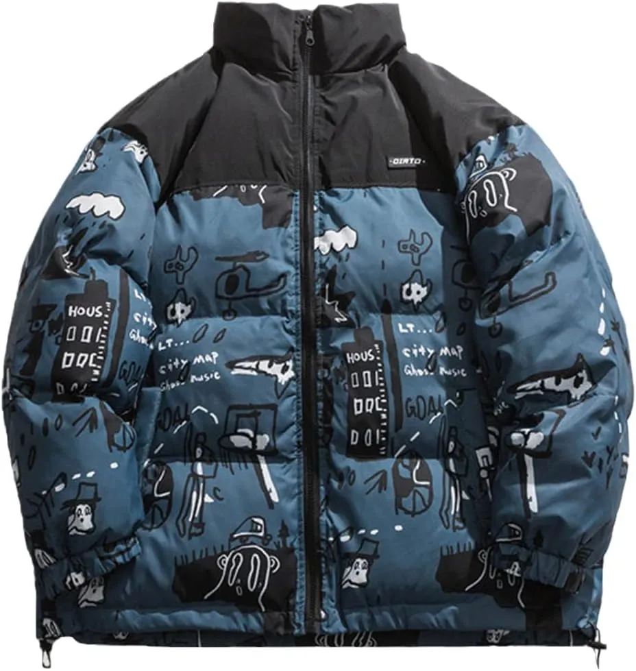 Mens Oversized Cotton Padded Parkas Streetwear Harajuku Graffiti Printed Zipper Coats