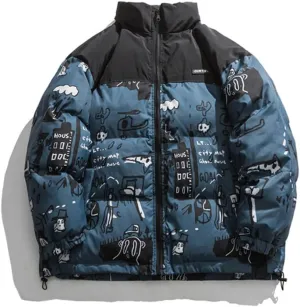Mens Oversized Cotton Padded Parkas Streetwear Harajuku Graffiti Printed Zipper Coats