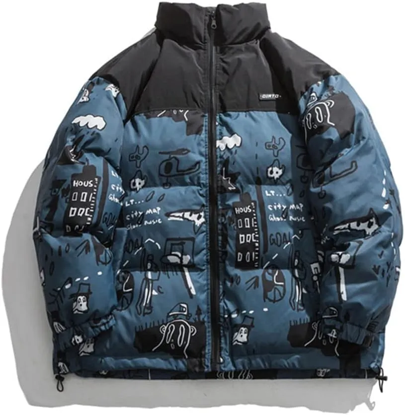 Mens Oversized Cotton Padded Parkas Streetwear Harajuku Graffiti Printed Zipper Coats