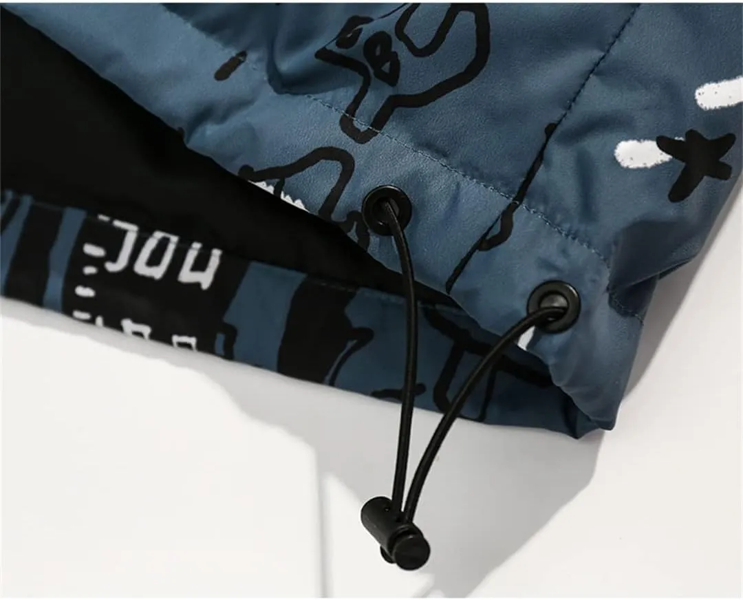 Mens Oversized Cotton Padded Parkas Streetwear Harajuku Graffiti Printed Zipper Coats