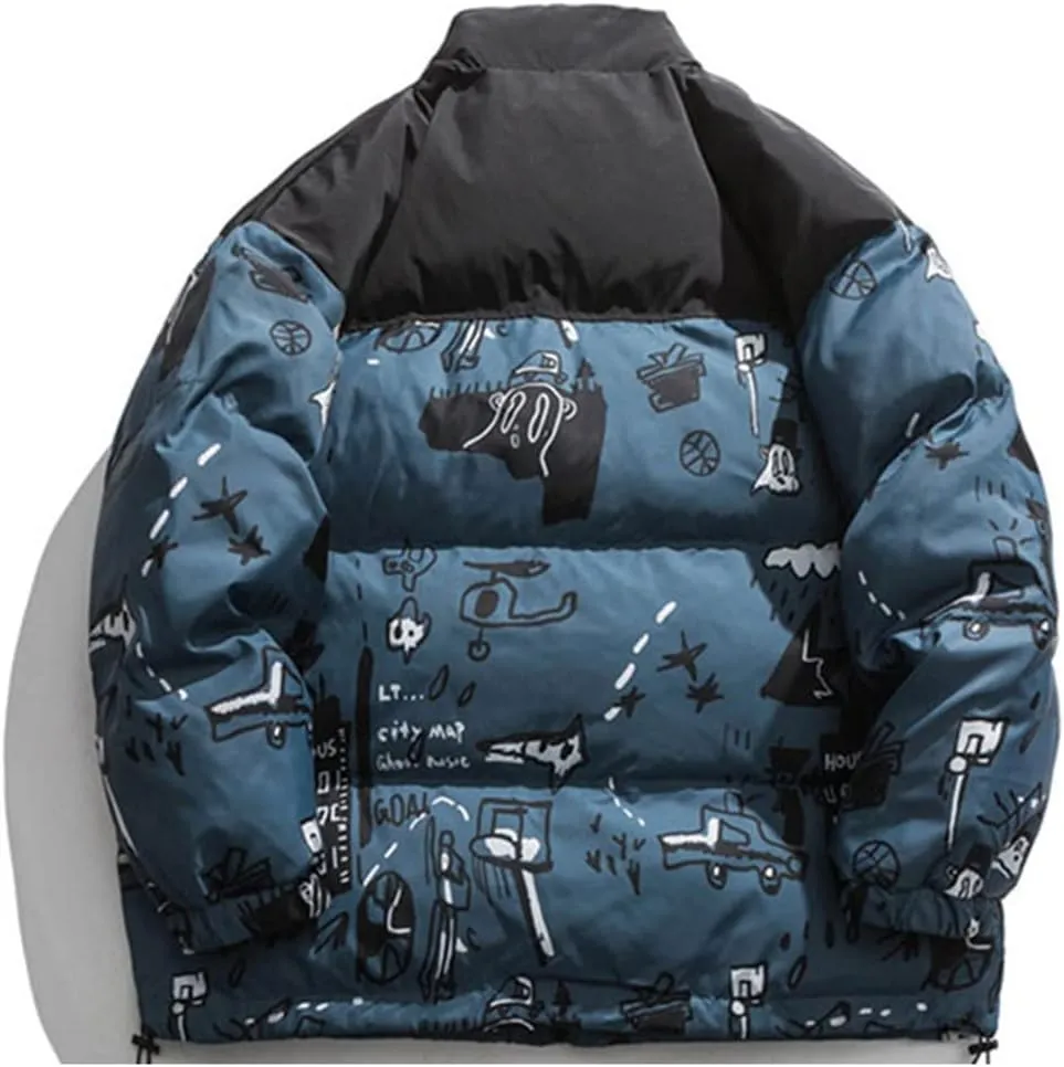 Mens Oversized Cotton Padded Parkas Streetwear Harajuku Graffiti Printed Zipper Coats