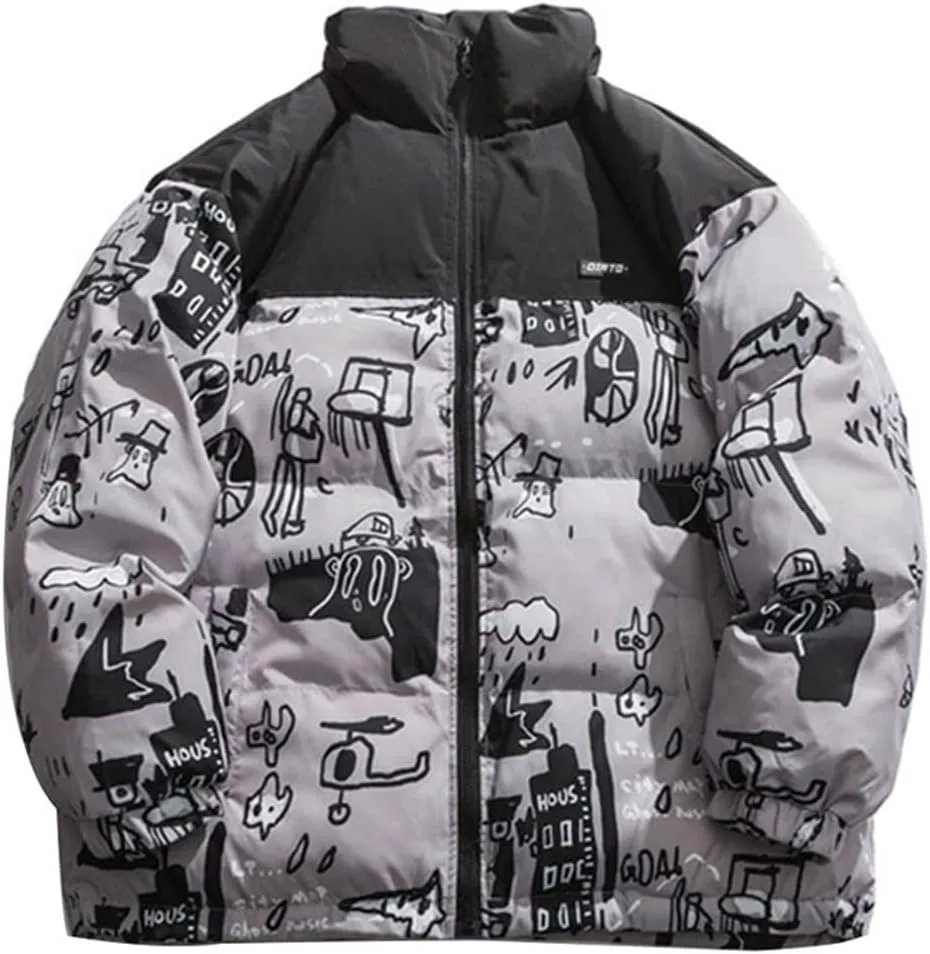 Mens Oversized Cotton Padded Parkas Streetwear Harajuku Graffiti Printed Zipper Coats