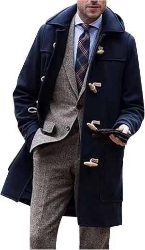 Men's Oversized Notched Long Faux Wool Blend Trench Coat Single Breasted Knee Length Lapel Winter Jackets