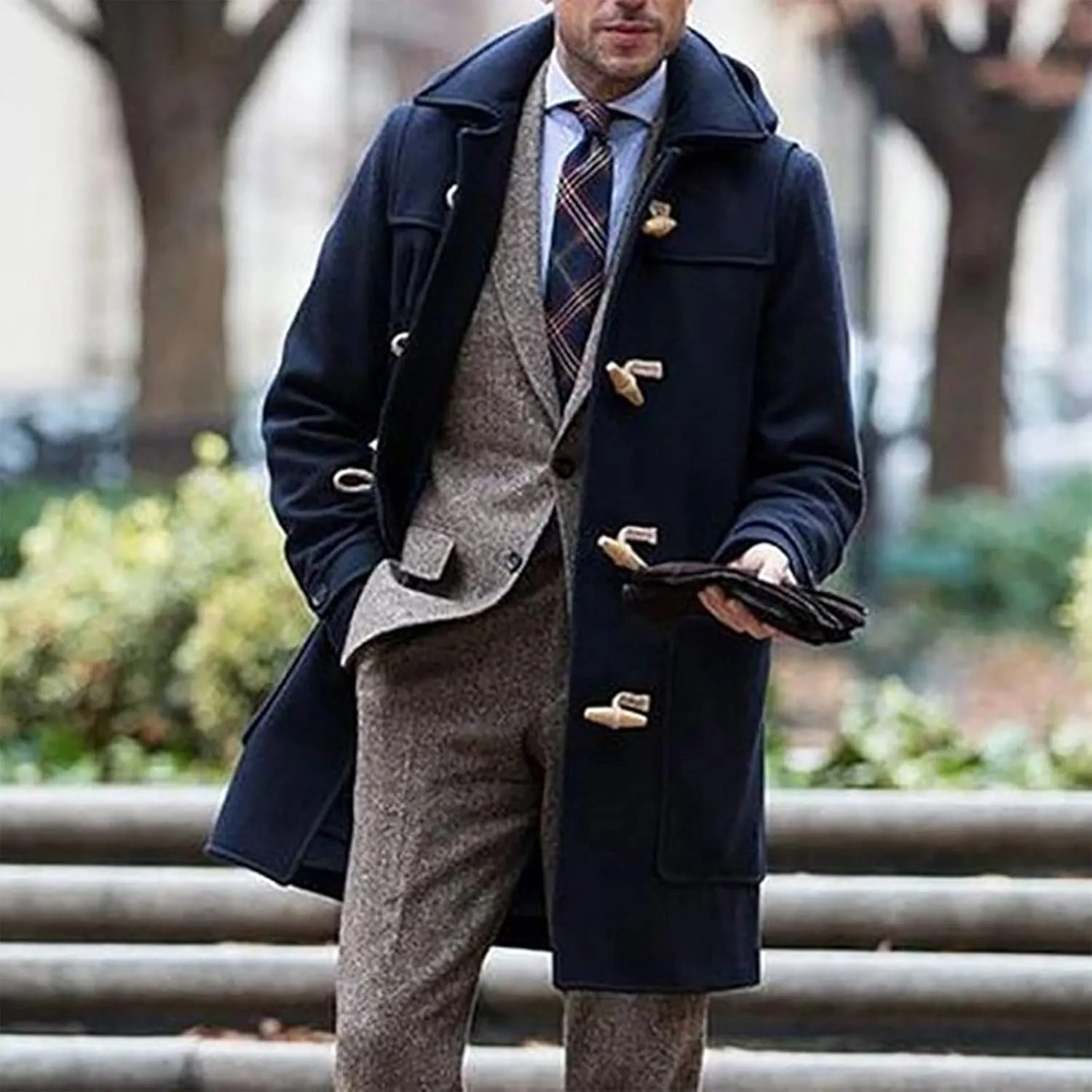 Men's Oversized Notched Long Faux Wool Blend Trench Coat Single Breasted Knee Length Lapel Winter Jackets