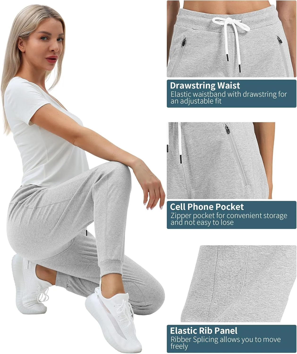 PULI Women Workout Sweatpants Cotton Jogger Ribber Splicing Lounge Sweat Pants with Zipper Pocket