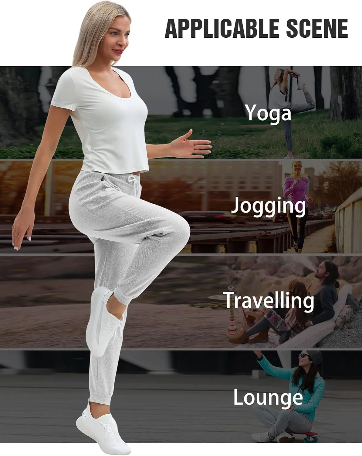 PULI Women Workout Sweatpants Cotton Jogger Ribber Splicing Lounge Sweat Pants with Zipper Pocket