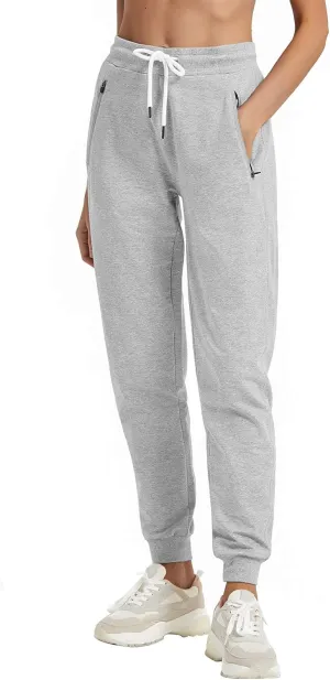 PULI Women Workout Sweatpants Cotton Jogger Ribber Splicing Lounge Sweat Pants with Zipper Pocket