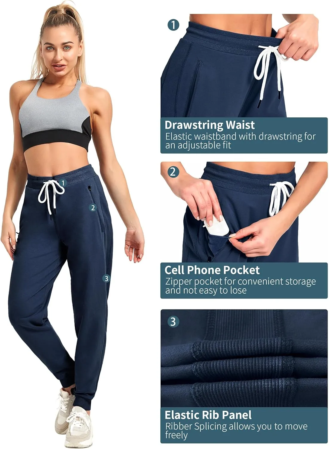PULI Women Workout Sweatpants Cotton Jogger Ribber Splicing Lounge Sweat Pants with Zipper Pocket