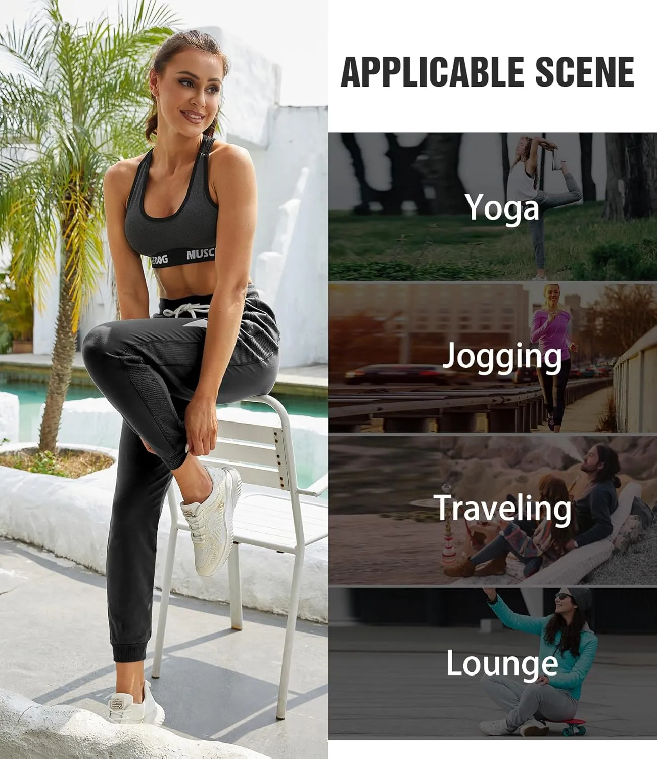 PULI Women Workout Sweatpants Cotton Jogger Ribber Splicing Lounge Sweat Pants with Zipper Pocket
