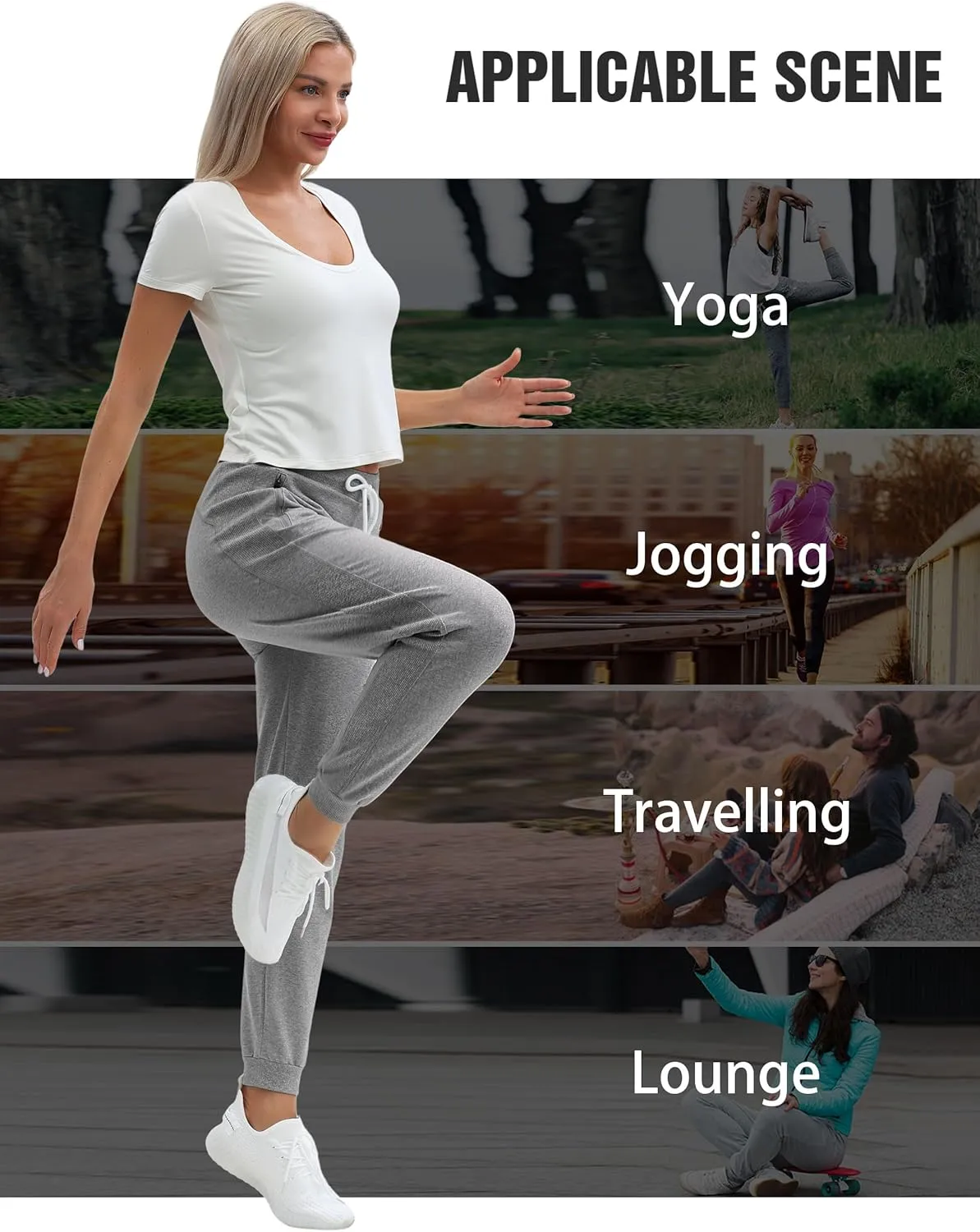 PULI Women Workout Sweatpants Cotton Jogger Ribber Splicing Lounge Sweat Pants with Zipper Pocket