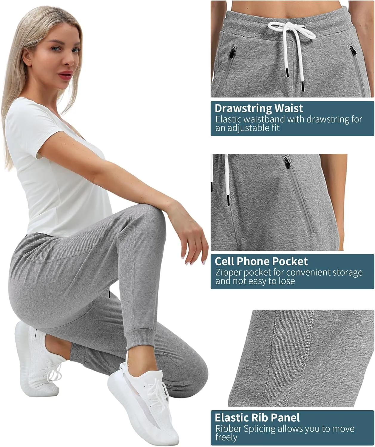 PULI Women Workout Sweatpants Cotton Jogger Ribber Splicing Lounge Sweat Pants with Zipper Pocket