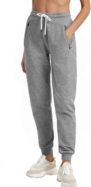 PULI Women Workout Sweatpants Cotton Jogger Ribber Splicing Lounge Sweat Pants with Zipper Pocket