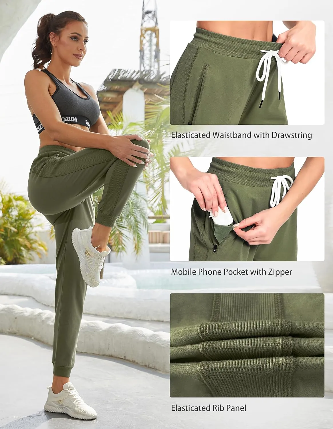 PULI Women Workout Sweatpants Cotton Jogger Ribber Splicing Lounge Sweat Pants with Zipper Pocket