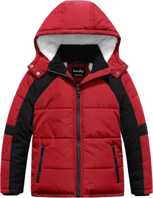 Pursky Boy's Warm Winter Coat Water Resistant Sherpa Outerwear Puffer Jackets With Removable Furry Hood
