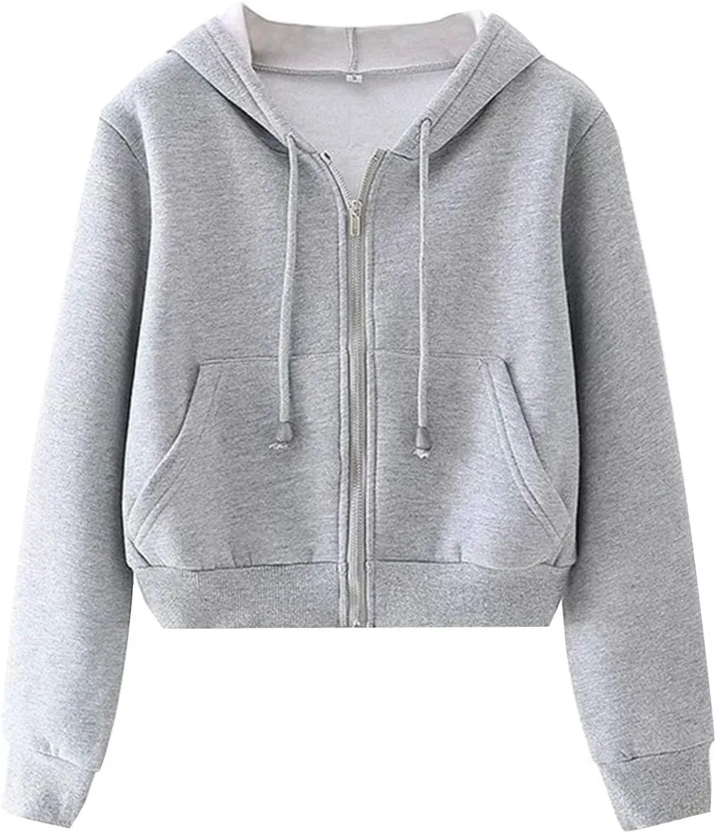 PUWEI Women's Casual Zip Up Drawstring Cropped Hoodie Hooded Crop Jacket Top with Pockets
