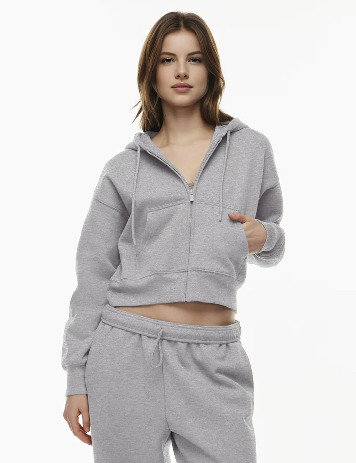 PUWEI Women's Casual Zip Up Drawstring Cropped Hoodie Hooded Crop Jacket Top with Pockets