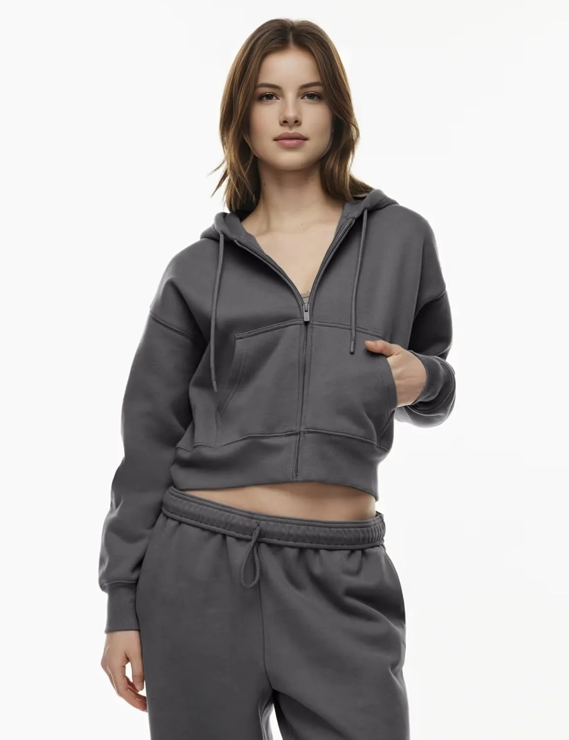 PUWEI Women's Casual Zip Up Drawstring Cropped Hoodie Hooded Crop Jacket Top with Pockets