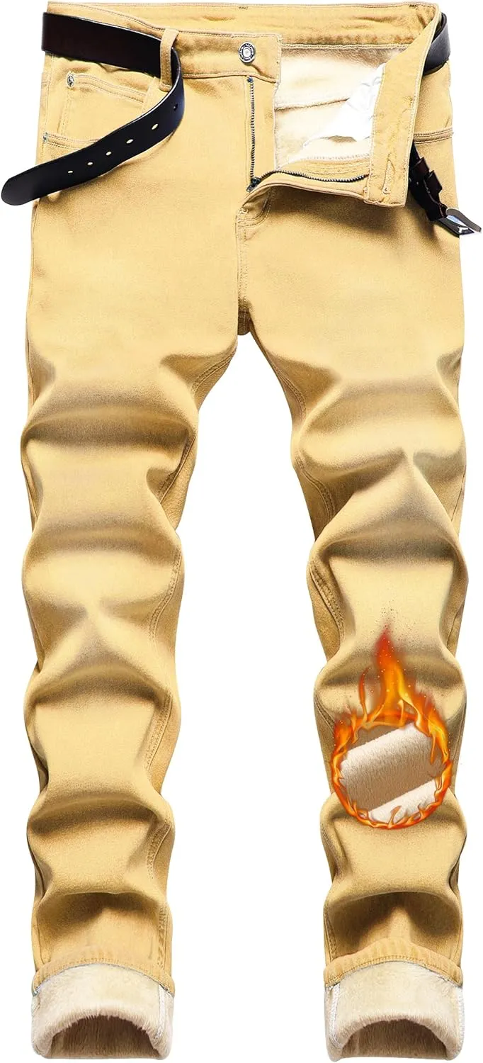 Qazel Vorrlon Men's Fleece Lined Jeans Winter Warm Flannel Skinny Slim Fit Stretch Denim Pants
