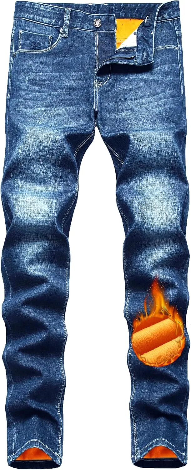 Qazel Vorrlon Men's Fleece Lined Jeans Winter Warm Flannel Skinny Slim Fit Stretch Denim Pants