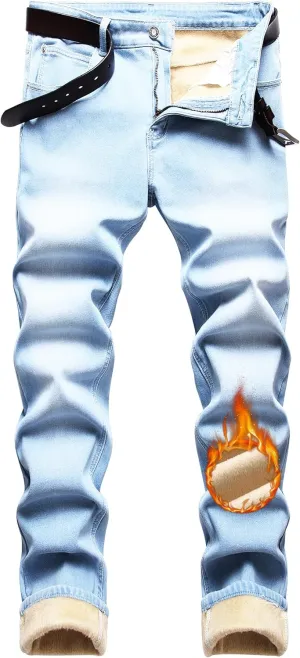 Qazel Vorrlon Men's Fleece Lined Jeans Winter Warm Flannel Skinny Slim Fit Stretch Denim Pants