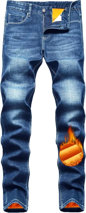 Qazel Vorrlon Men's Fleece Lined Jeans Winter Warm Flannel Skinny Slim Fit Stretch Denim Pants