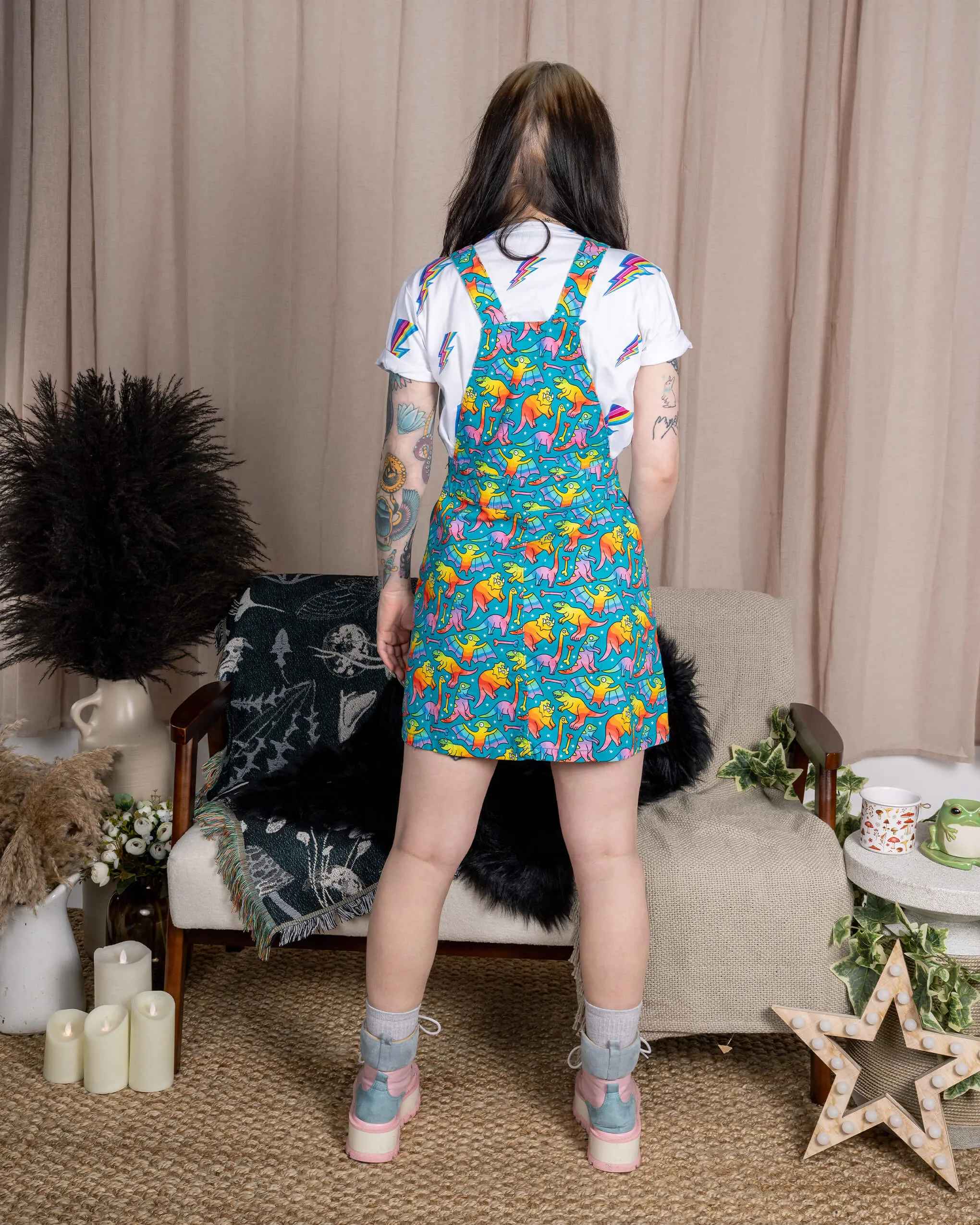 Rainbow Dinosaurs Stretch Twill Pinafore Dress