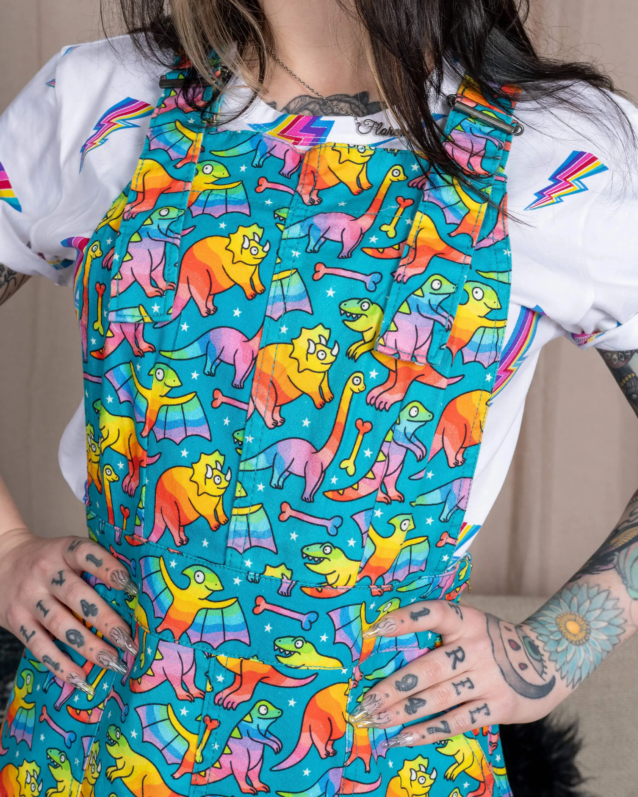 Rainbow Dinosaurs Stretch Twill Pinafore Dress
