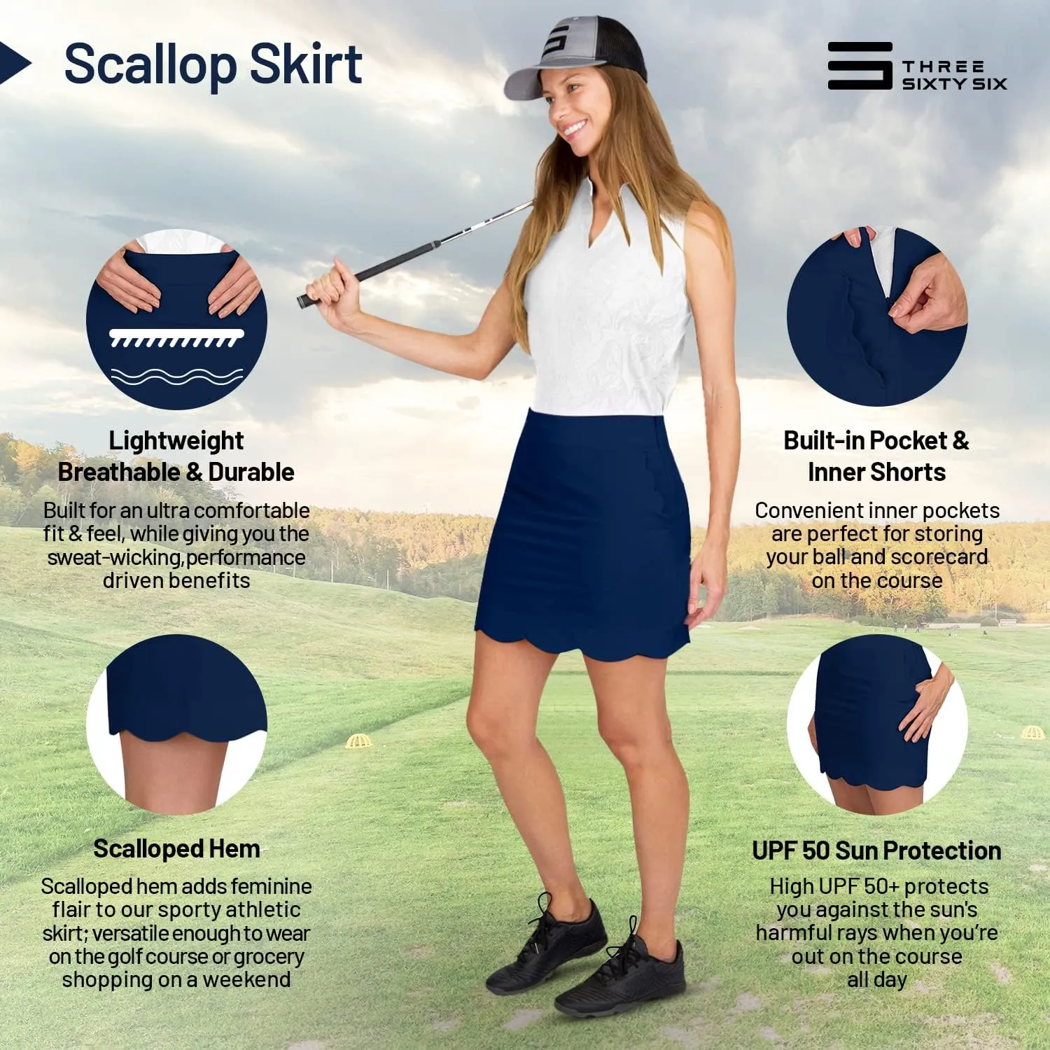 Scallop Golf Skort for Women - Dry Fit 4-Way Stretch Golf Skirt - Moisture Wicking, Anti-Odor Technology, UPF50  Protection