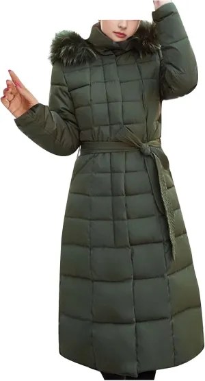 SMIDOW Womens Puffer Jacket Long Parkas Zip Up Quilted Padded Coat Maxi Length Winter Warm Outerwear With Faux Fur Hood