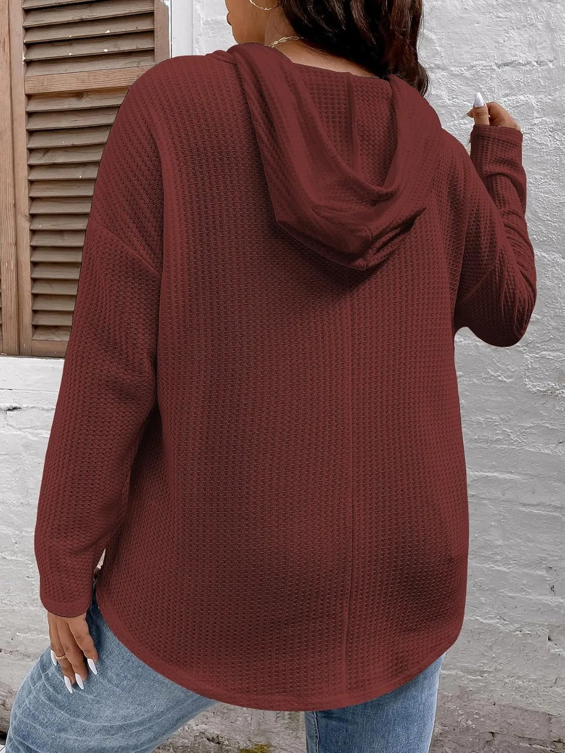 SOLY HUX Women's Plus Size Hoodies Long Sleeve Drawstring Waffle Knit Pullover Sweatshirt Tops