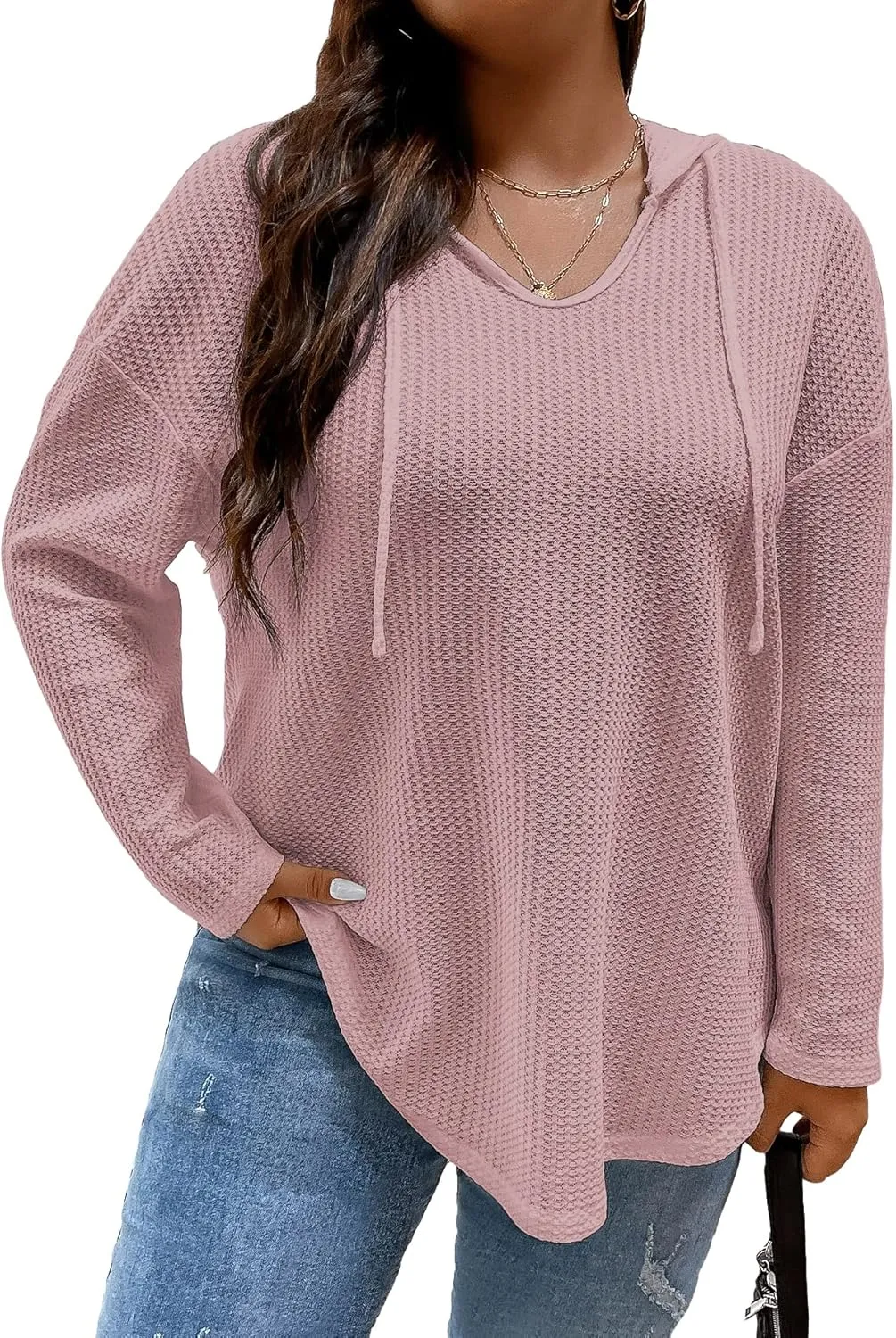 SOLY HUX Women's Plus Size Hoodies Long Sleeve Drawstring Waffle Knit Pullover Sweatshirt Tops