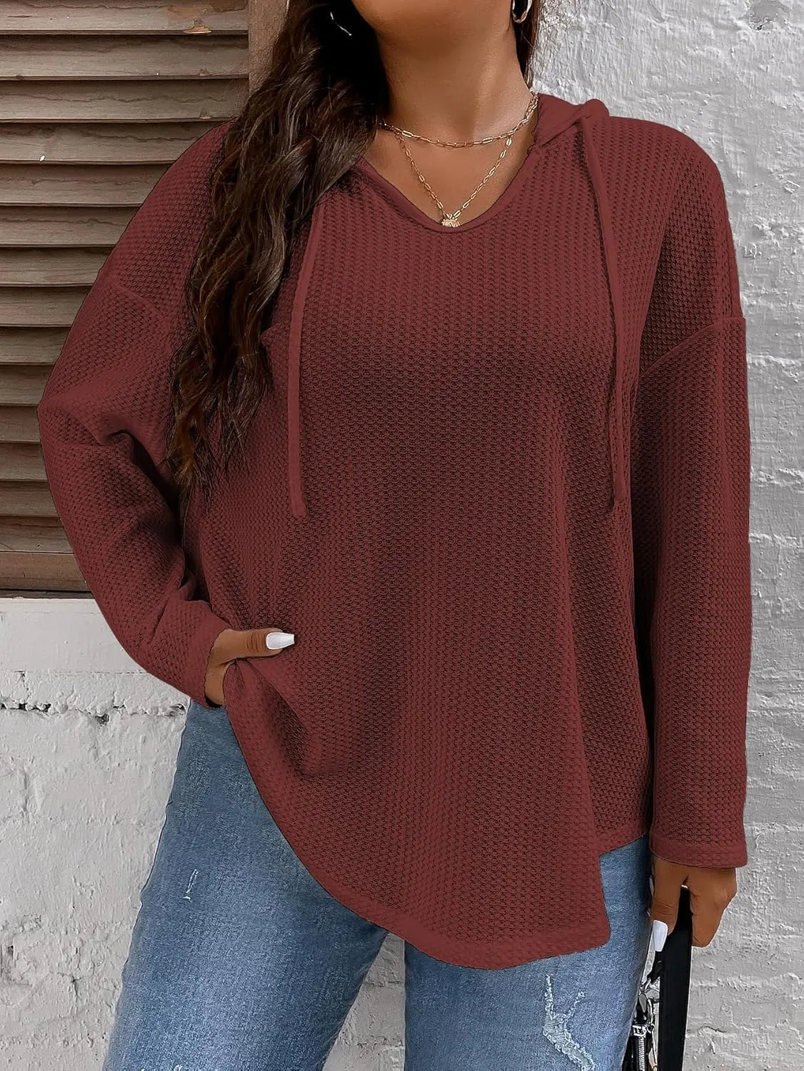 SOLY HUX Women's Plus Size Hoodies Long Sleeve Drawstring Waffle Knit Pullover Sweatshirt Tops