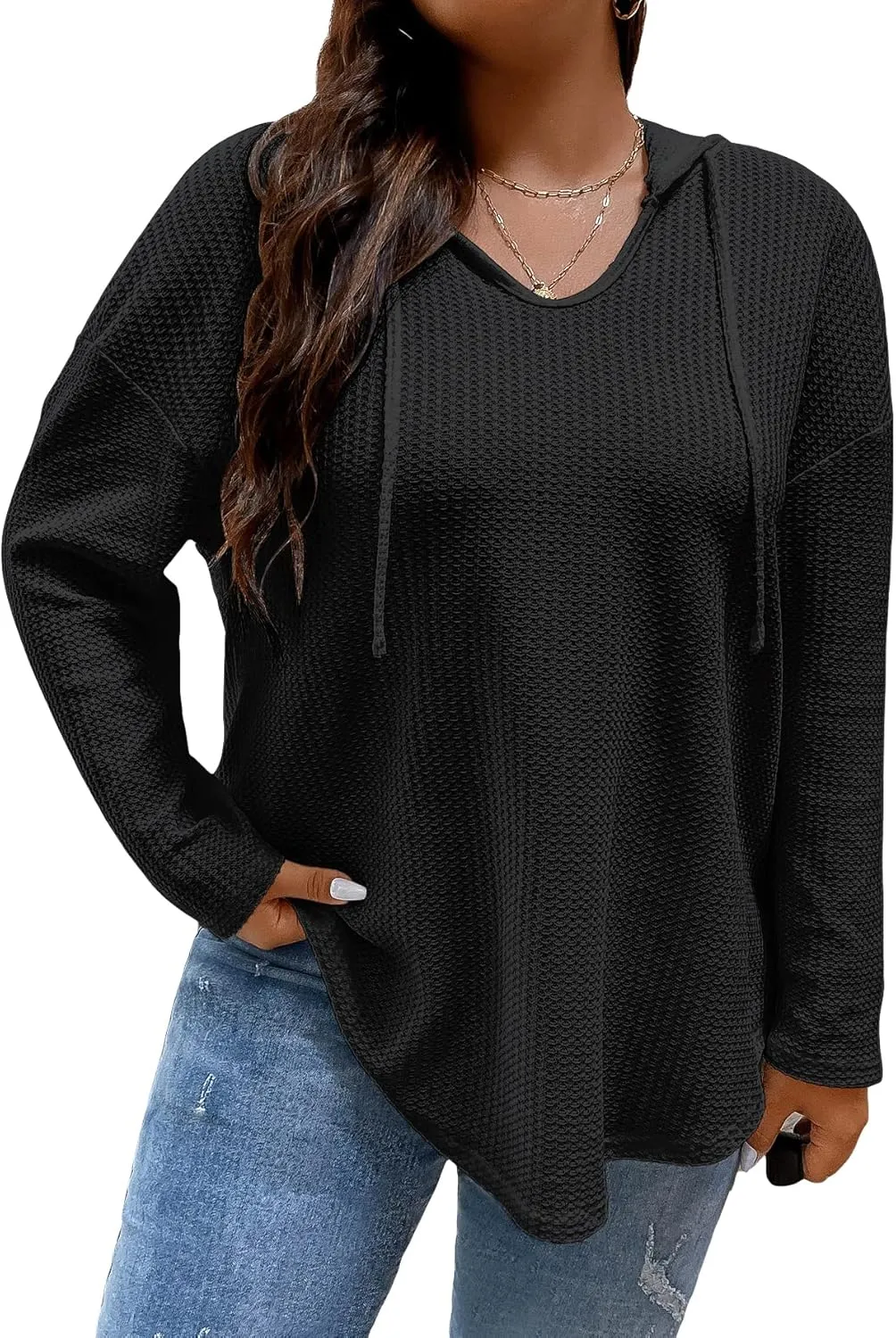 SOLY HUX Women's Plus Size Hoodies Long Sleeve Drawstring Waffle Knit Pullover Sweatshirt Tops
