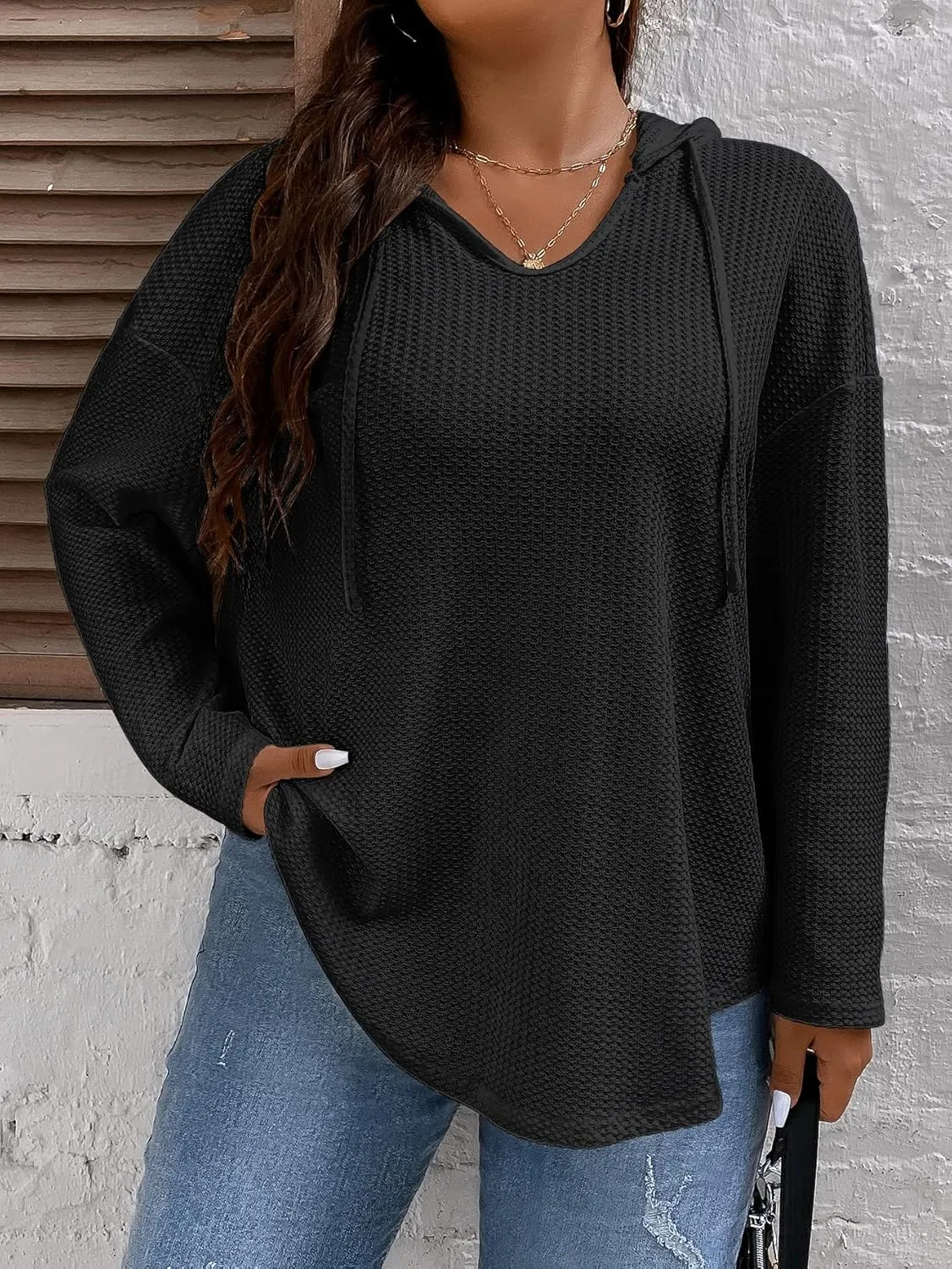 SOLY HUX Women's Plus Size Hoodies Long Sleeve Drawstring Waffle Knit Pullover Sweatshirt Tops
