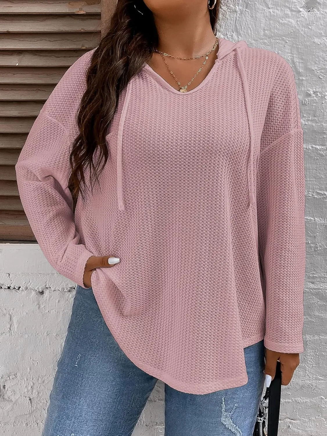 SOLY HUX Women's Plus Size Hoodies Long Sleeve Drawstring Waffle Knit Pullover Sweatshirt Tops