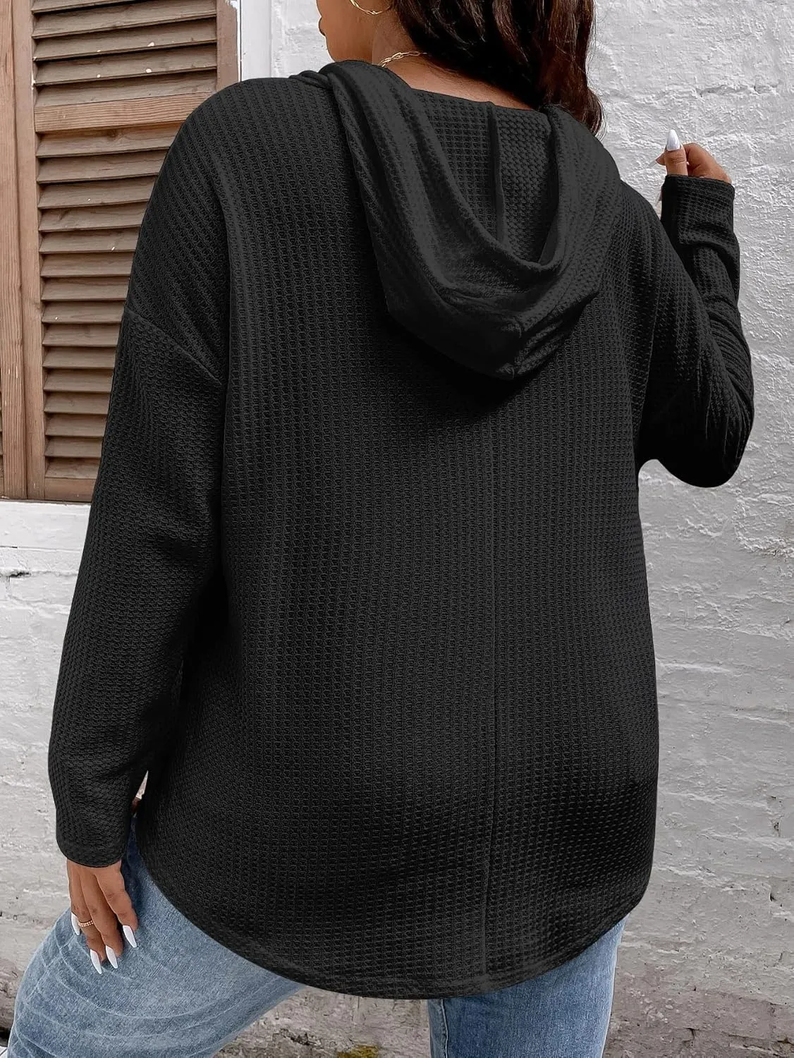 SOLY HUX Women's Plus Size Hoodies Long Sleeve Drawstring Waffle Knit Pullover Sweatshirt Tops