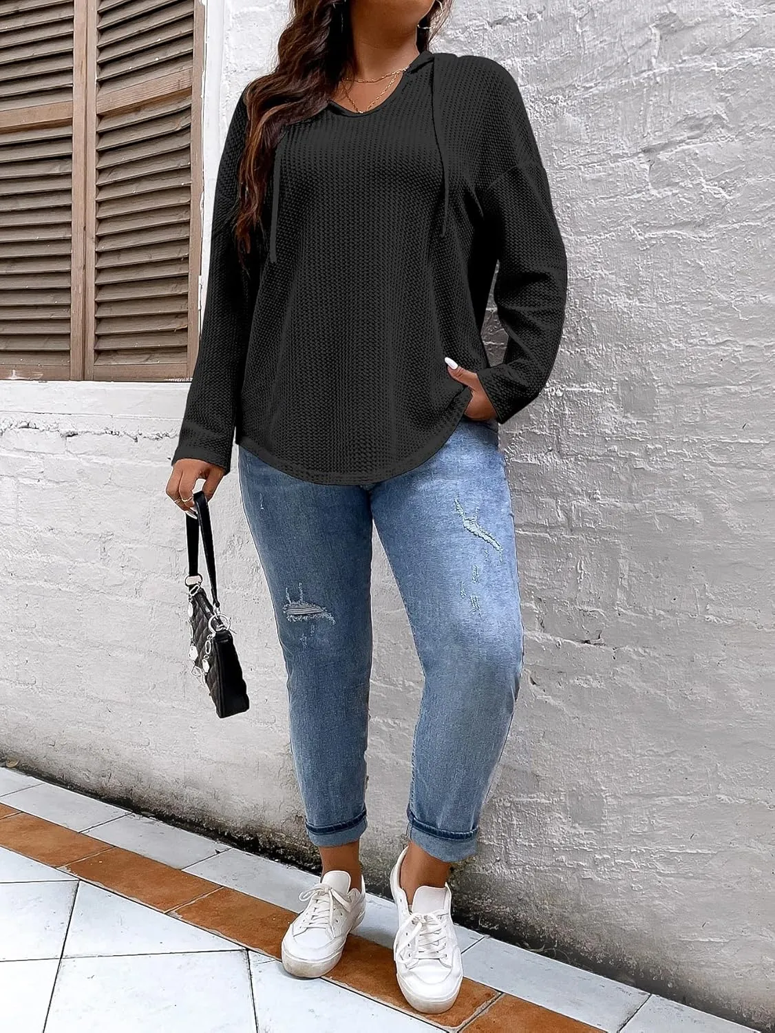 SOLY HUX Women's Plus Size Hoodies Long Sleeve Drawstring Waffle Knit Pullover Sweatshirt Tops
