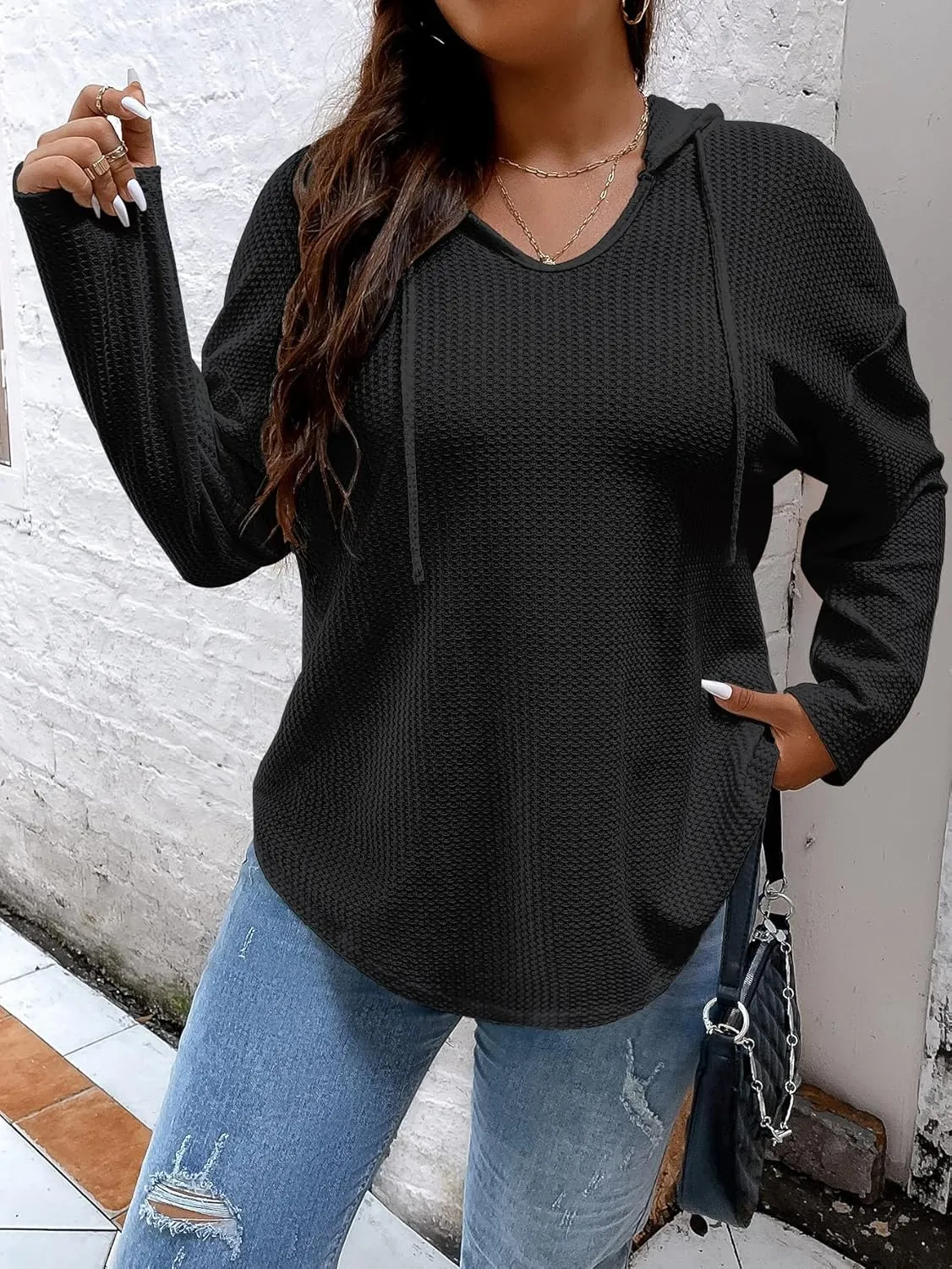 SOLY HUX Women's Plus Size Hoodies Long Sleeve Drawstring Waffle Knit Pullover Sweatshirt Tops