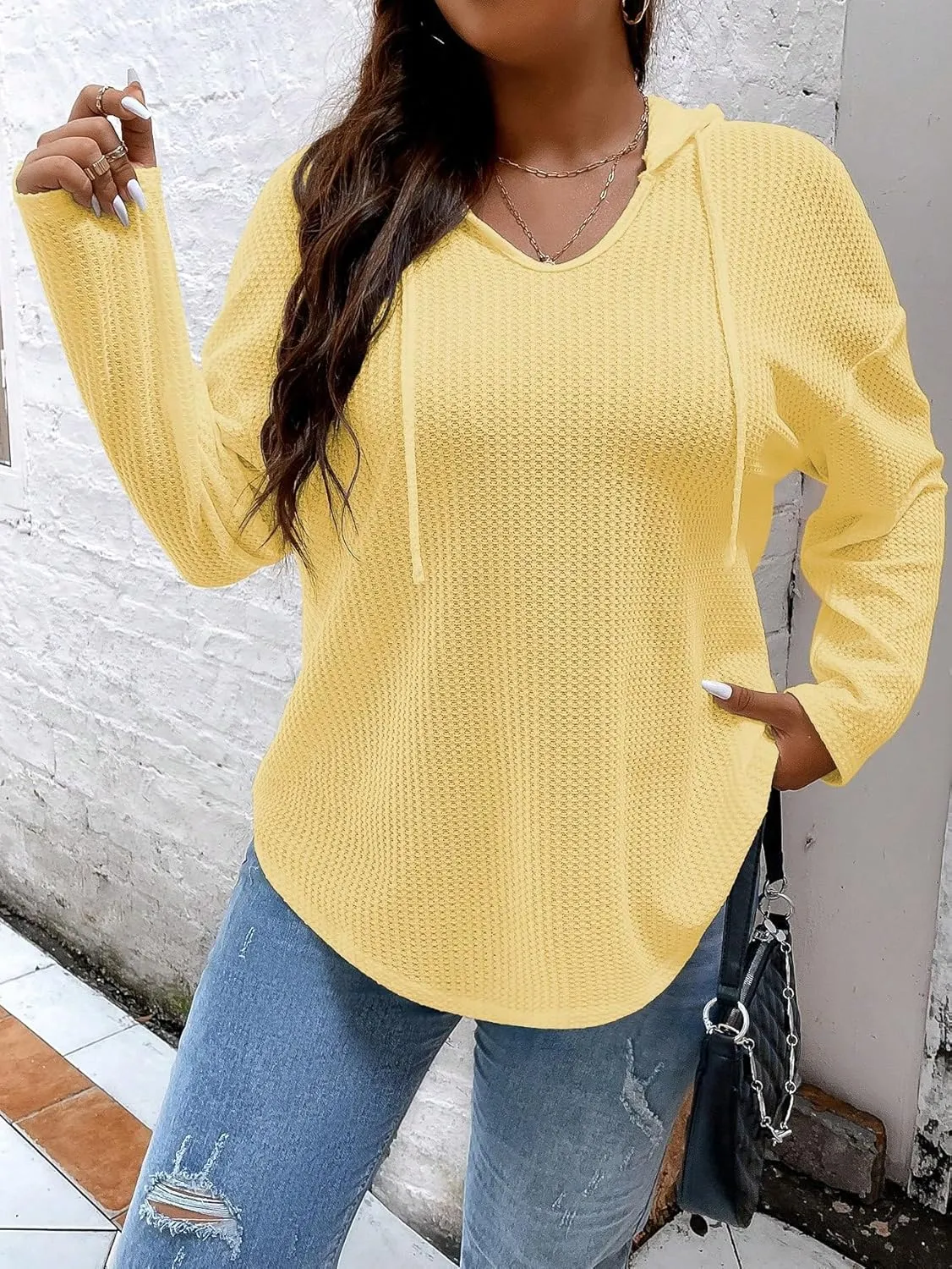 SOLY HUX Women's Plus Size Hoodies Long Sleeve Drawstring Waffle Knit Pullover Sweatshirt Tops