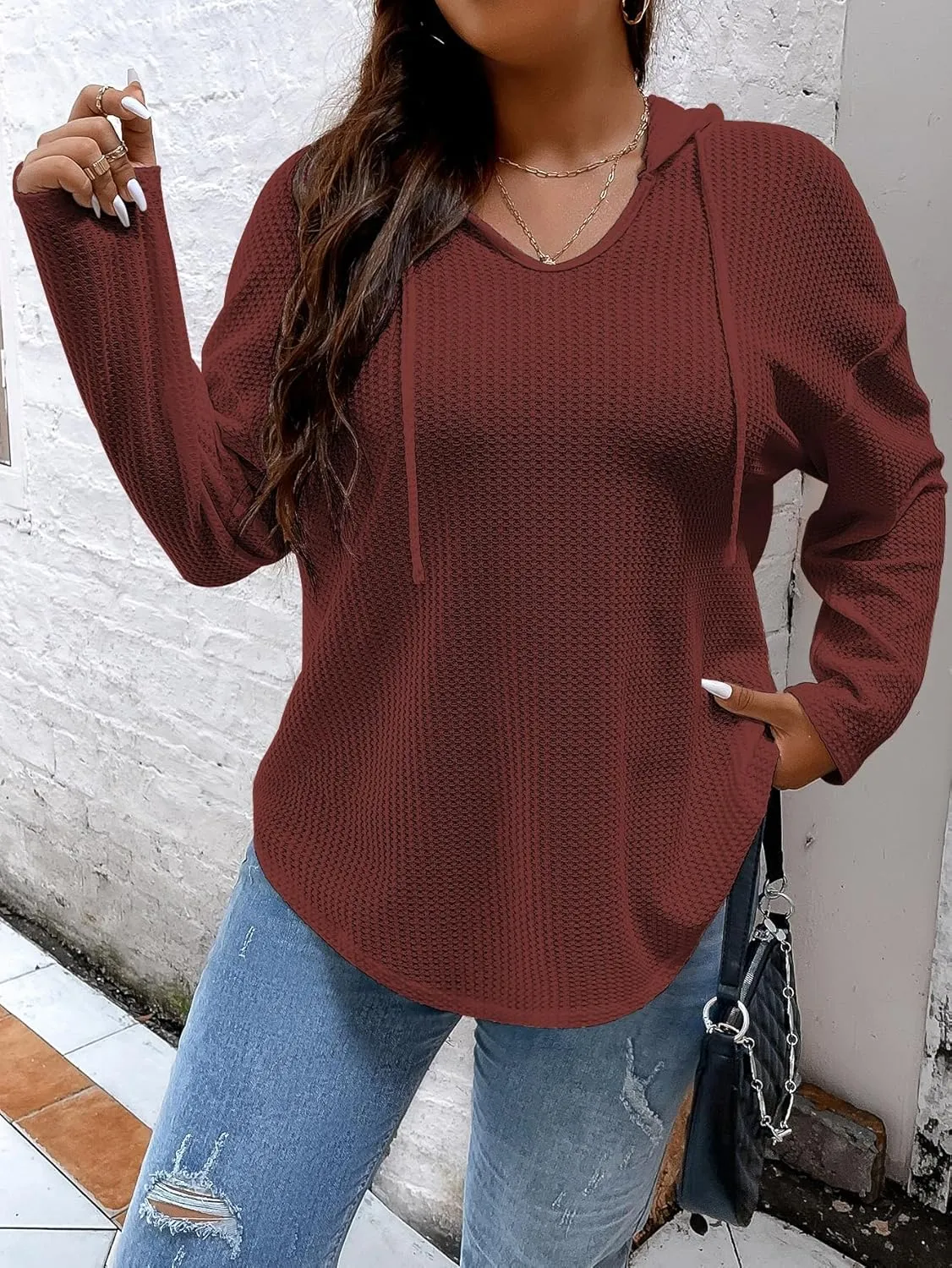 SOLY HUX Women's Plus Size Hoodies Long Sleeve Drawstring Waffle Knit Pullover Sweatshirt Tops