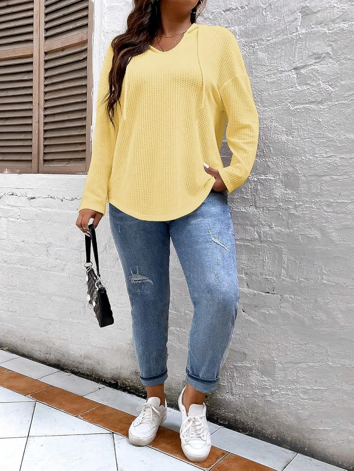 SOLY HUX Women's Plus Size Hoodies Long Sleeve Drawstring Waffle Knit Pullover Sweatshirt Tops