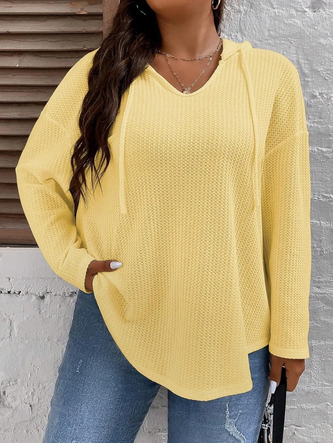 SOLY HUX Women's Plus Size Hoodies Long Sleeve Drawstring Waffle Knit Pullover Sweatshirt Tops