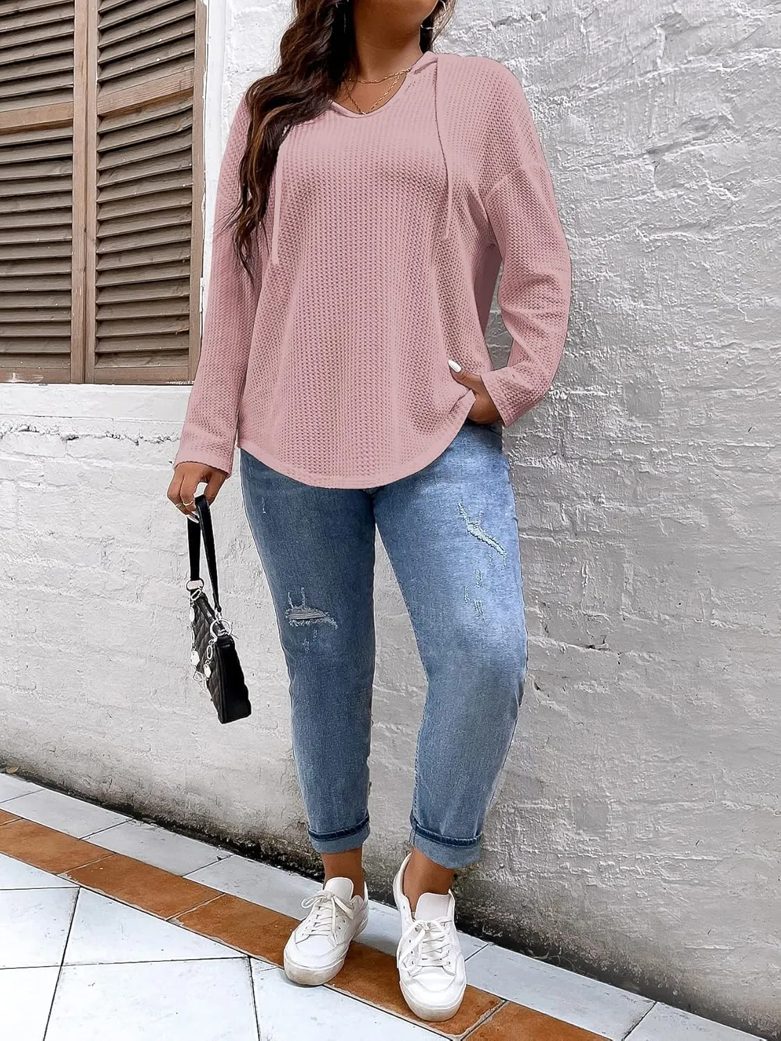 SOLY HUX Women's Plus Size Hoodies Long Sleeve Drawstring Waffle Knit Pullover Sweatshirt Tops