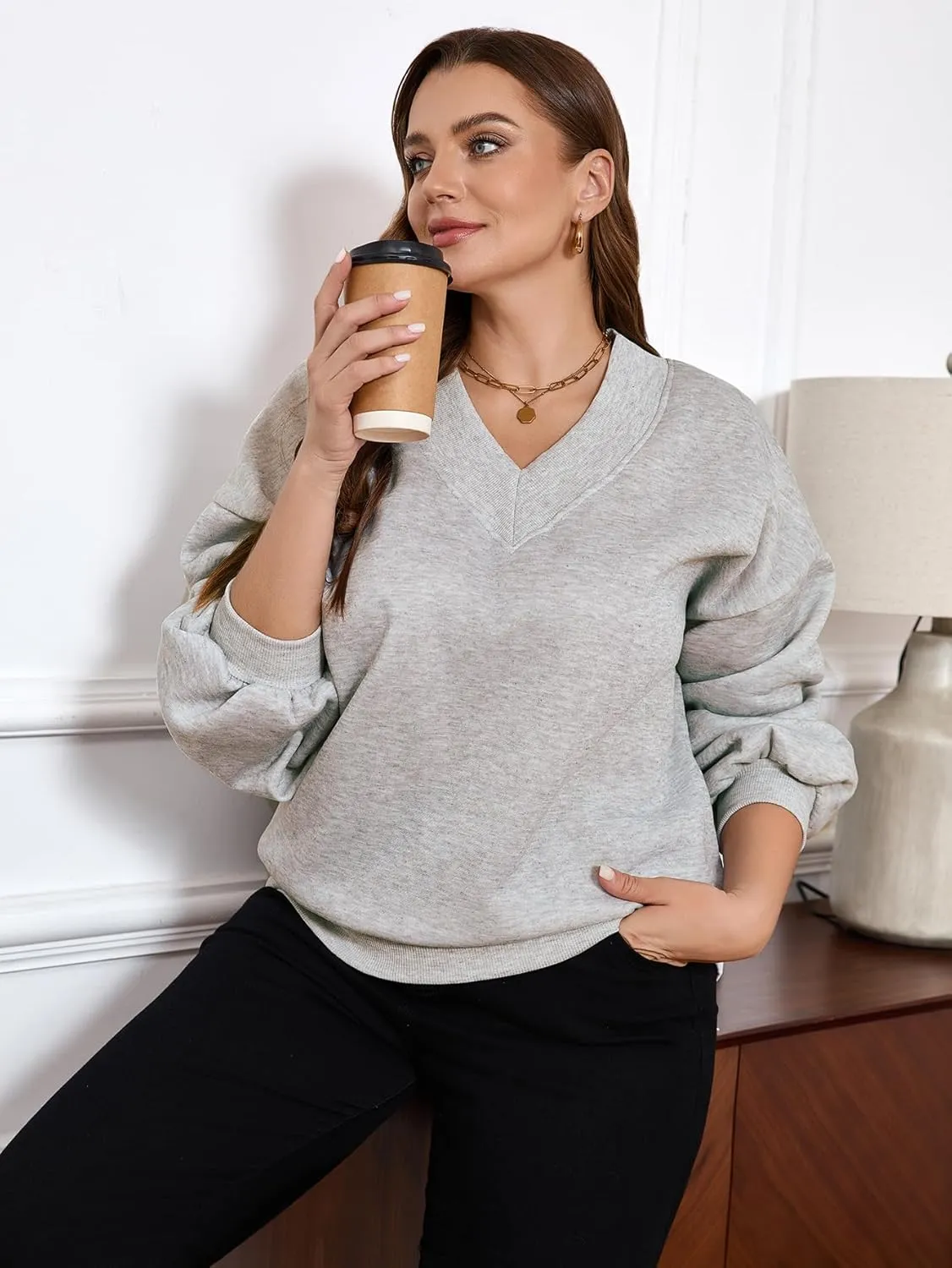 SOLY HUX Women's Plus Size Sweatshirt V Neck Drop Shoulder Long Sleeve Casual Pullover Tops