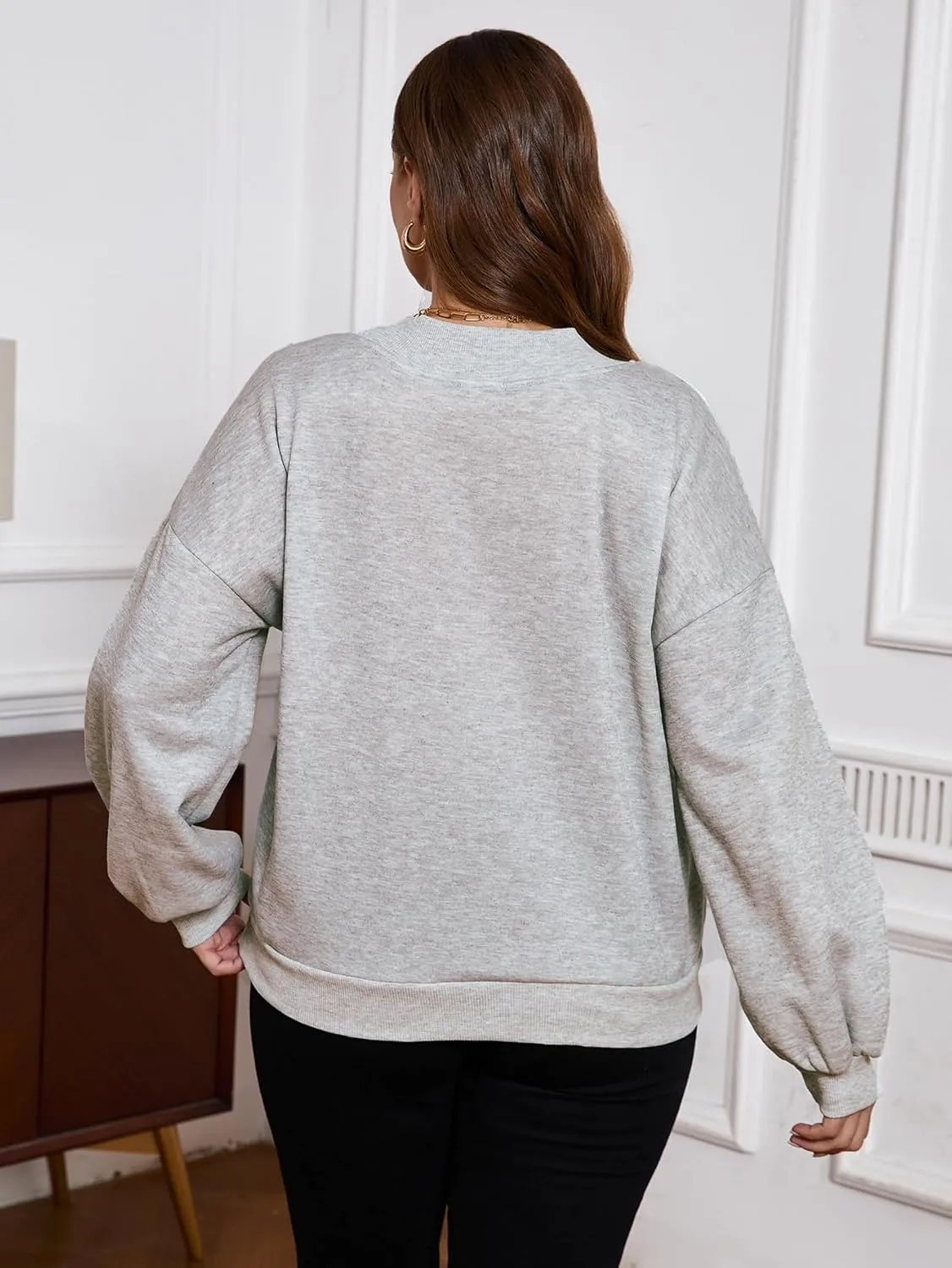 SOLY HUX Women's Plus Size Sweatshirt V Neck Drop Shoulder Long Sleeve Casual Pullover Tops