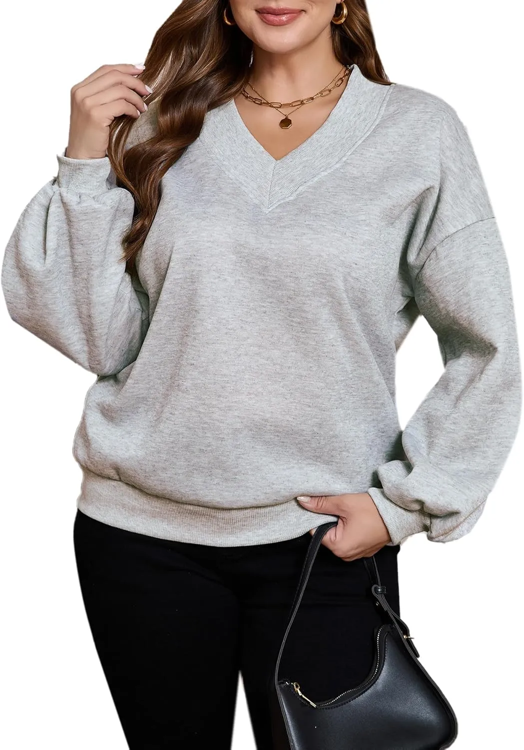 SOLY HUX Women's Plus Size Sweatshirt V Neck Drop Shoulder Long Sleeve Casual Pullover Tops