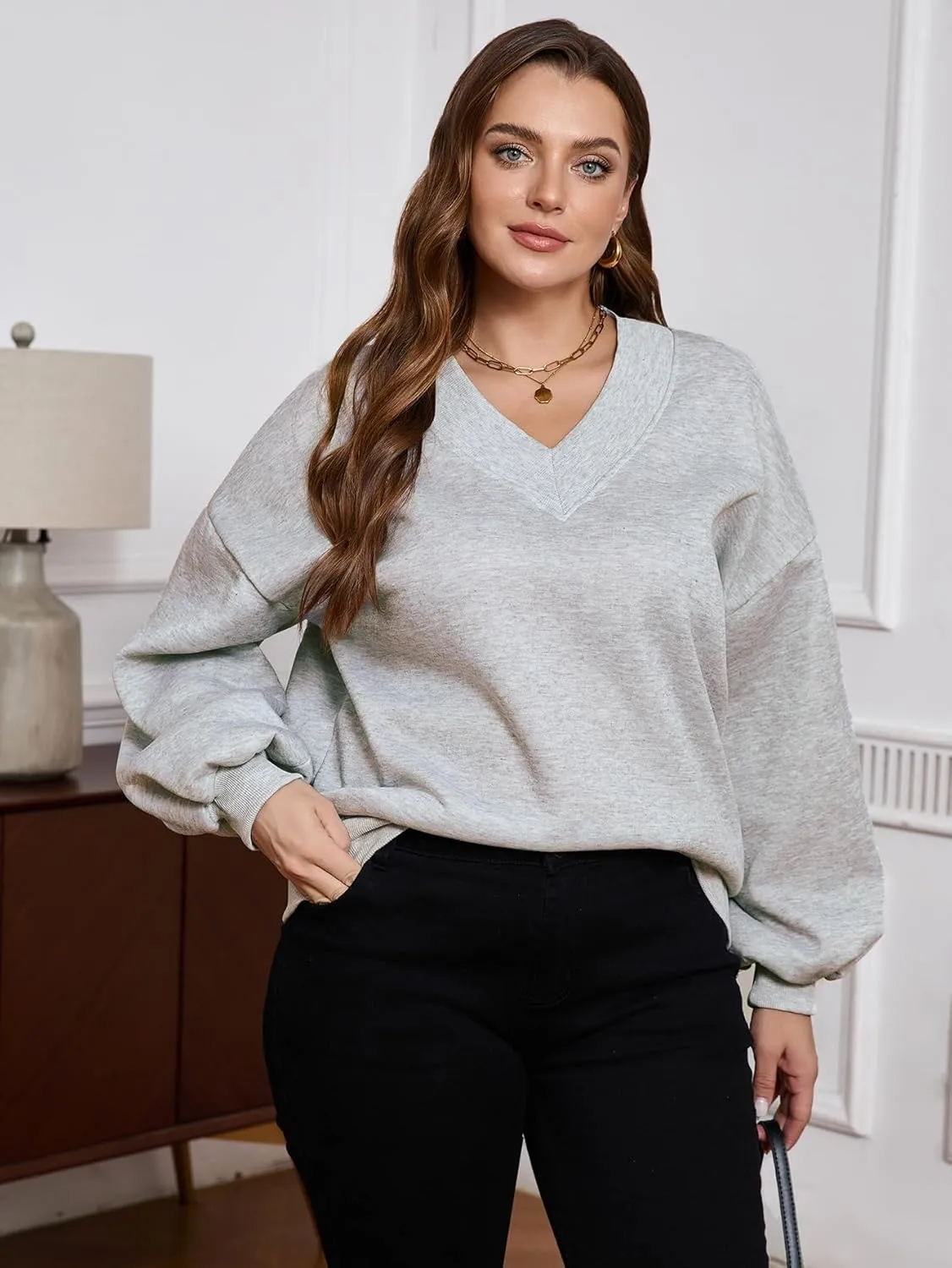 SOLY HUX Women's Plus Size Sweatshirt V Neck Drop Shoulder Long Sleeve Casual Pullover Tops