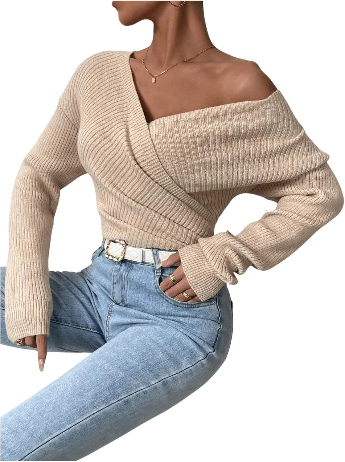 SOLY HUX Women's V Neck Long Sleeve Off Shoulder Sweaters Criss Cross Wrap Ruched Pullover Fall Tops