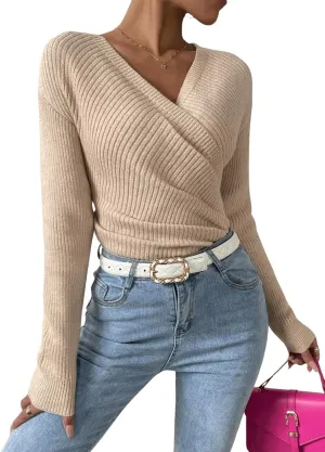 SOLY HUX Women's V Neck Long Sleeve Off Shoulder Sweaters Criss Cross Wrap Ruched Pullover Fall Tops